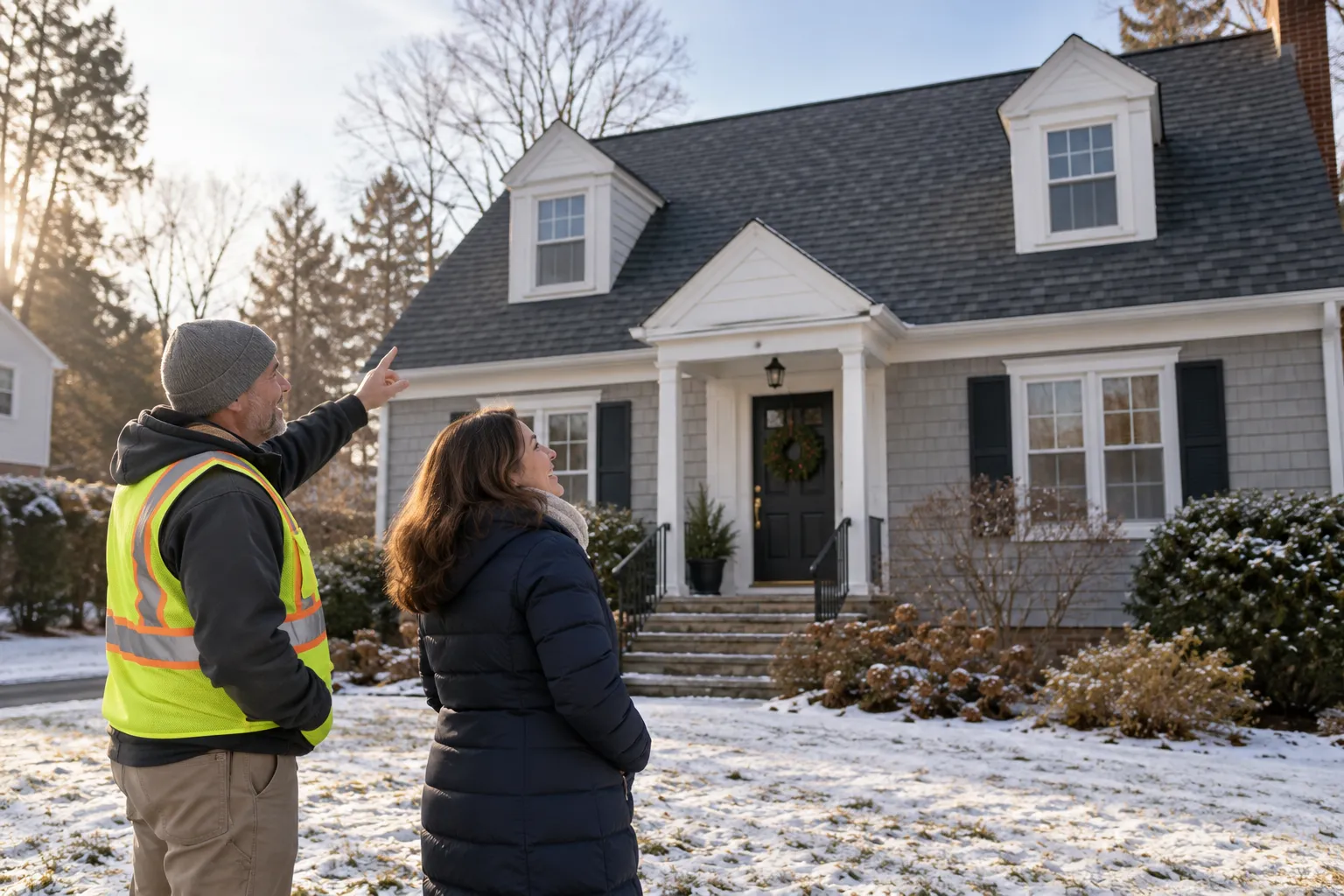 A friendly roofing provider and a homeowner looking up at a house roof in Shelton