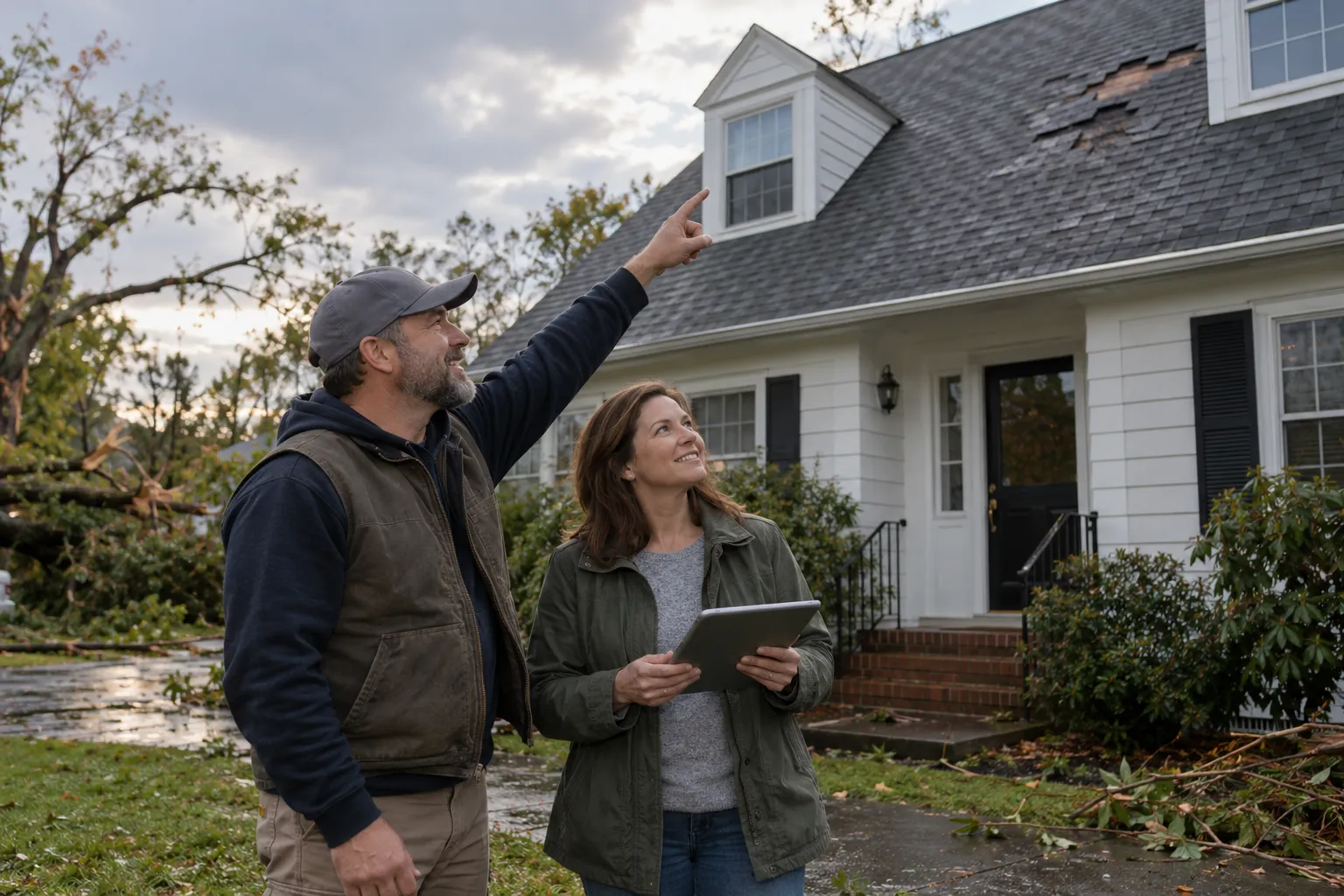A friendly roofing provider and a homeowner looking at a storm-damaged roof from the yard in Shelton
